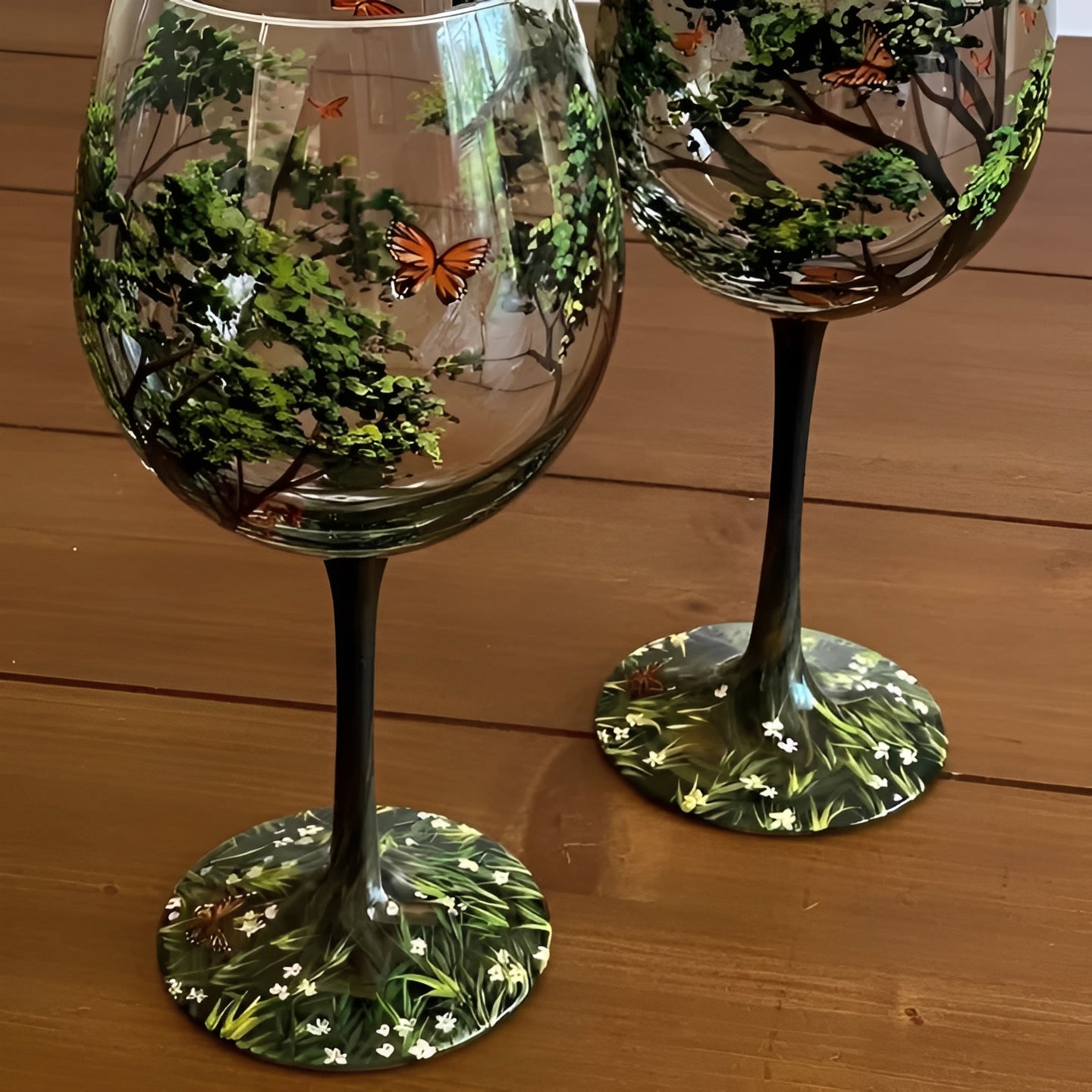 Painted Wine Glass with Four Seasons Tree Design, 12 oz