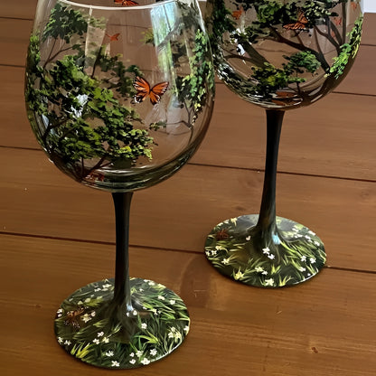 Painted Wine Glass with Four Seasons Tree Design, 12 oz