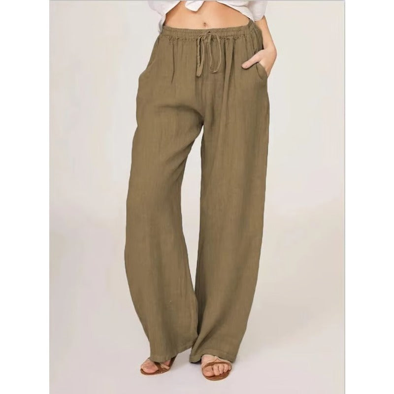 Women's Cotton Linen Wide Leg Trousers with Elastic Waist and Pockets