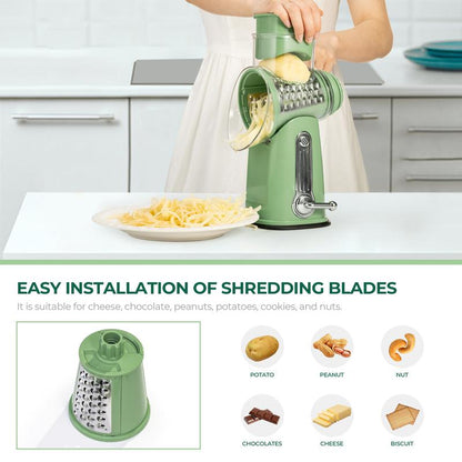 Rotary Grater with Five Interchangeable Blades and Suction Cup Base