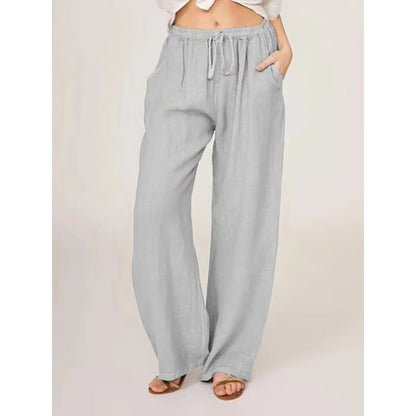 Women's Cotton Linen Wide Leg Trousers with Elastic Waist and Pockets