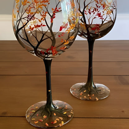Painted Wine Glass with Four Seasons Tree Design, 12 oz