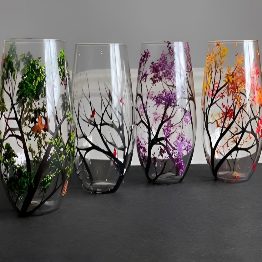 Painted Wine Glass with Four Seasons Tree Design, 12 oz