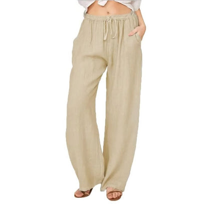 Women's Cotton Linen Wide Leg Trousers with Elastic Waist and Pockets