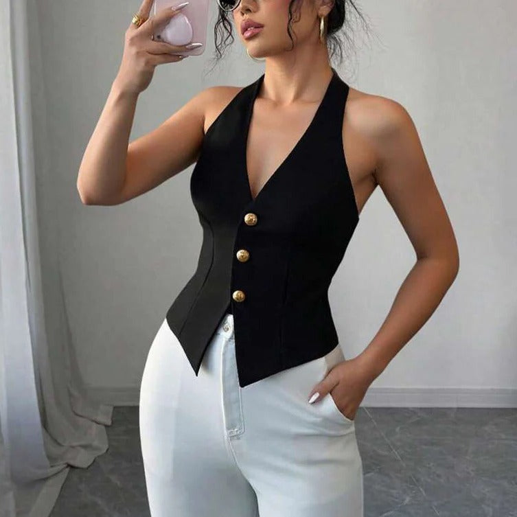 Women's Sleeveless Blazer Vest with Tailored Fit and Button Closure
