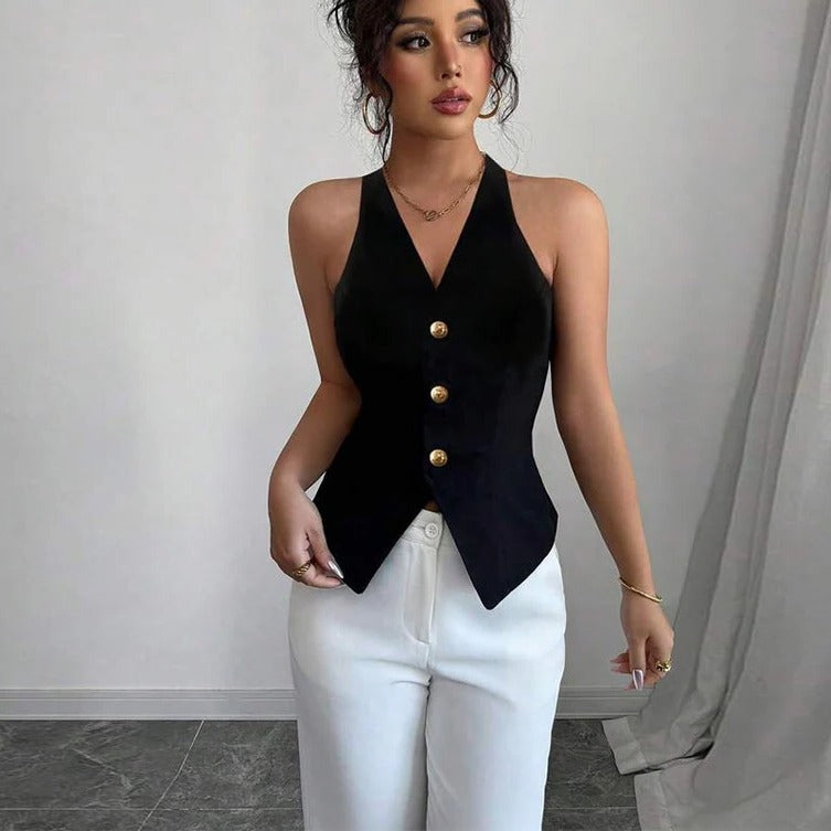 Women's Sleeveless Blazer Vest with Tailored Fit and Button Closure