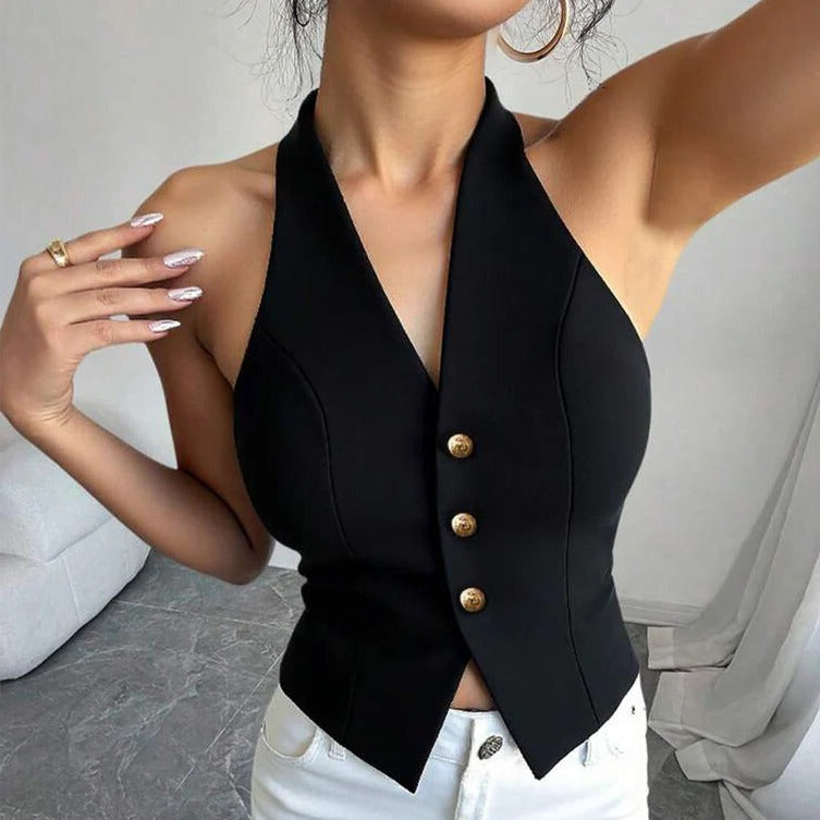 Women's Sleeveless Blazer Vest with Tailored Fit and Button Closure