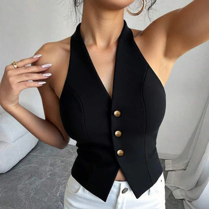Women's Sleeveless Blazer Vest with Tailored Fit and Button Closure