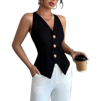 Women's Sleeveless Blazer Vest with Tailored Fit and Button Closure