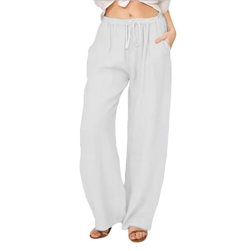 Women's Cotton Linen Wide Leg Trousers with Elastic Waist and Pockets