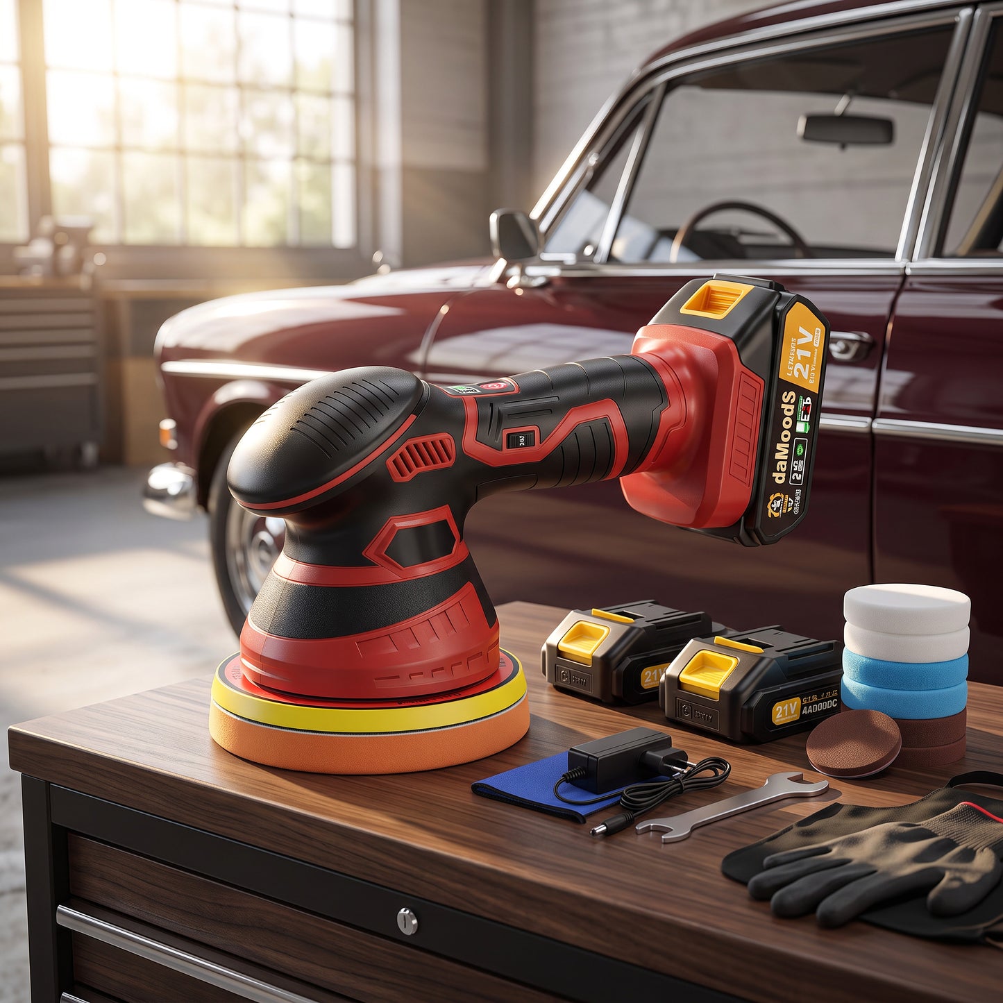 Orbital Car Paint Polisher with Rechargeable Battery and Variable Speed Control, Multiple Foam Pads