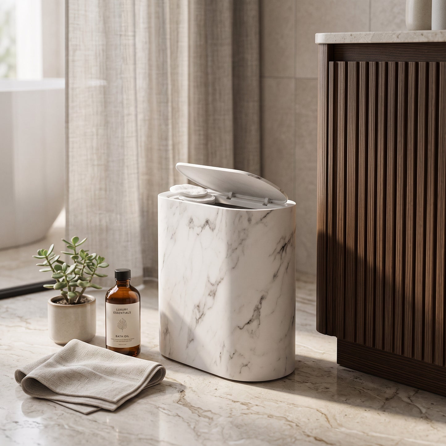 Marble Finish Trash Can with Push Top Lid and Elliptical Shape