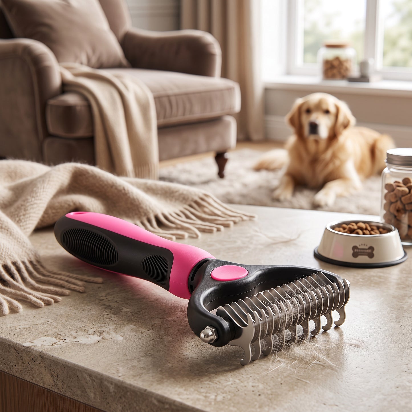 Pet Grooming Brush with Steel Teeth and TPR Grip for Medium to Long Fur