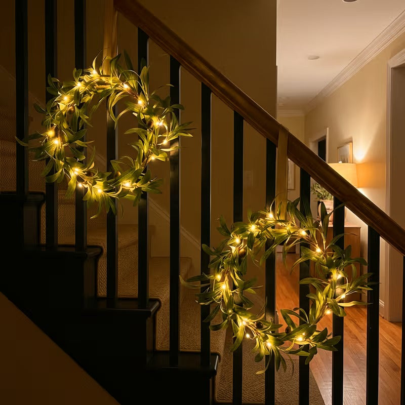 Artificial Olive Leaf Wreath with Warm Fairy Lights for Door Decor