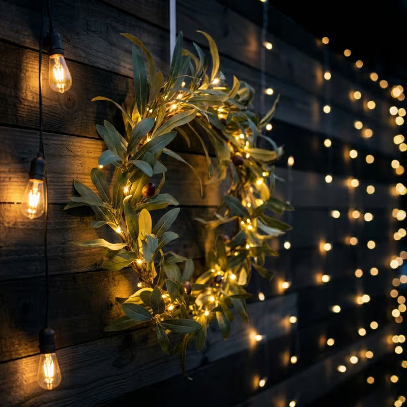 Artificial Olive Leaf Wreath with Warm Fairy Lights for Door Decor