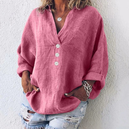Women's Linen Blend Button Down Blouse with Long Sleeves