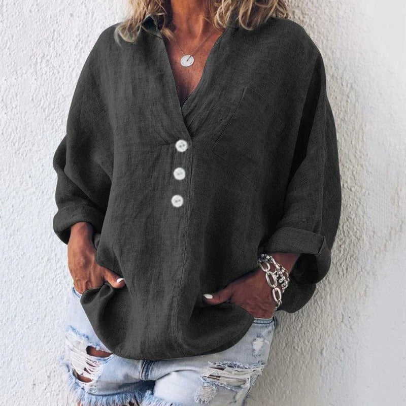 Women's Linen Blend Button Down Blouse with Long Sleeves