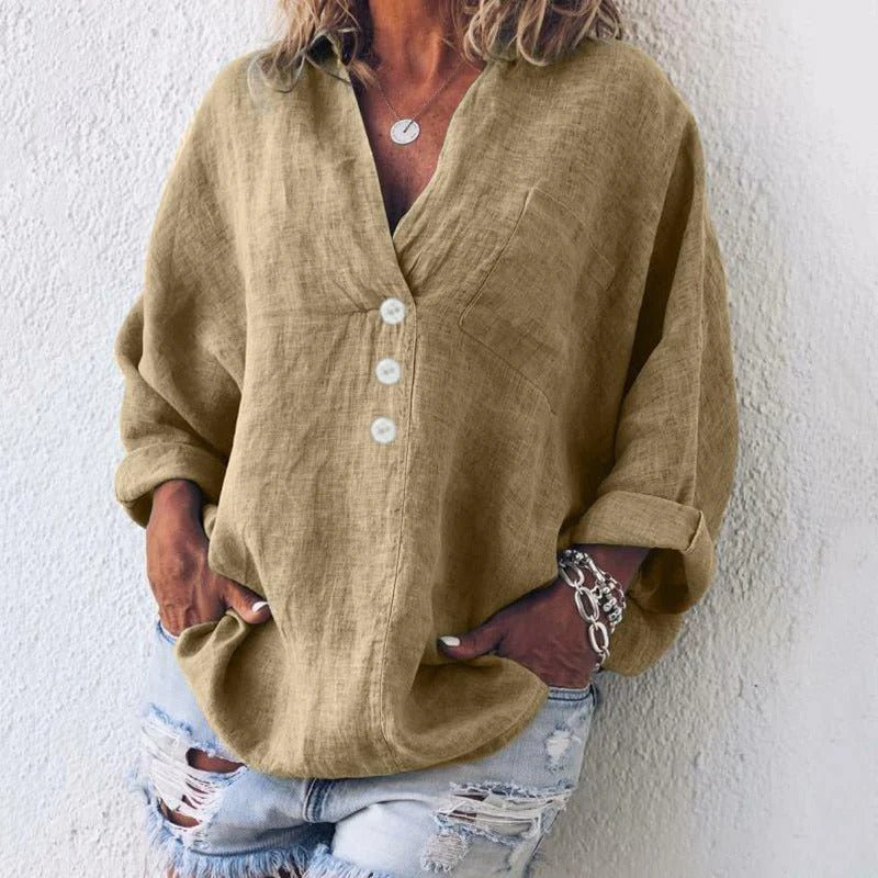 Women's Linen Blend Button Down Blouse with Long Sleeves