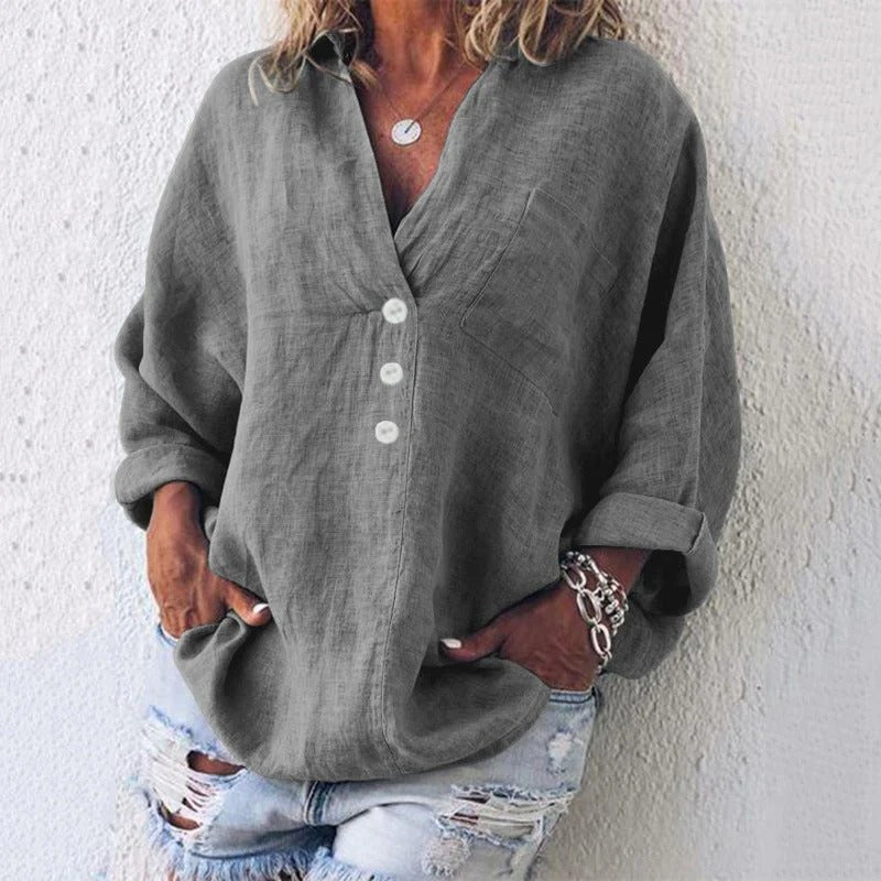 Women's Linen Blend Button Down Blouse with Long Sleeves