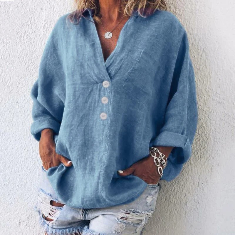 Women's Linen Blend Button Down Blouse with Long Sleeves