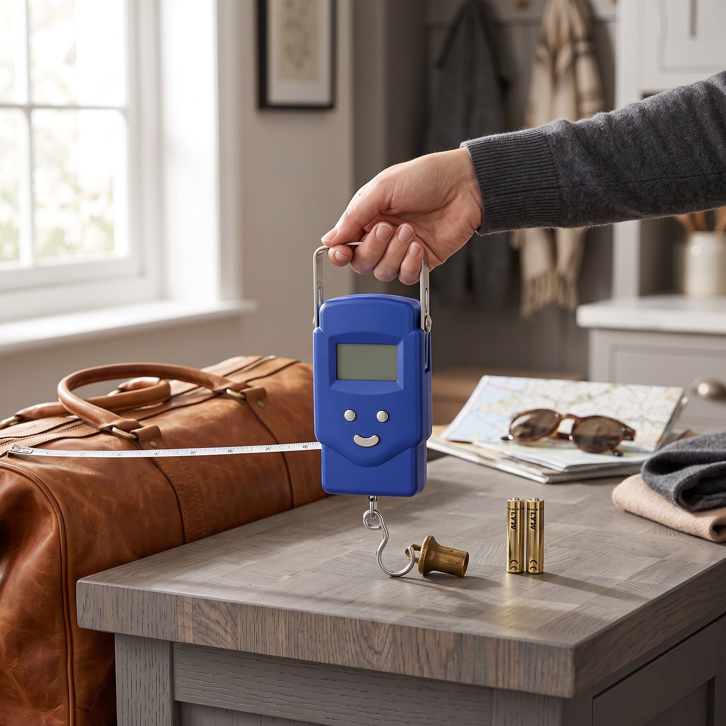 Portable Hanging Scale with Built-in Tape Measure and Blue Backlit Display, 110lb Capacity