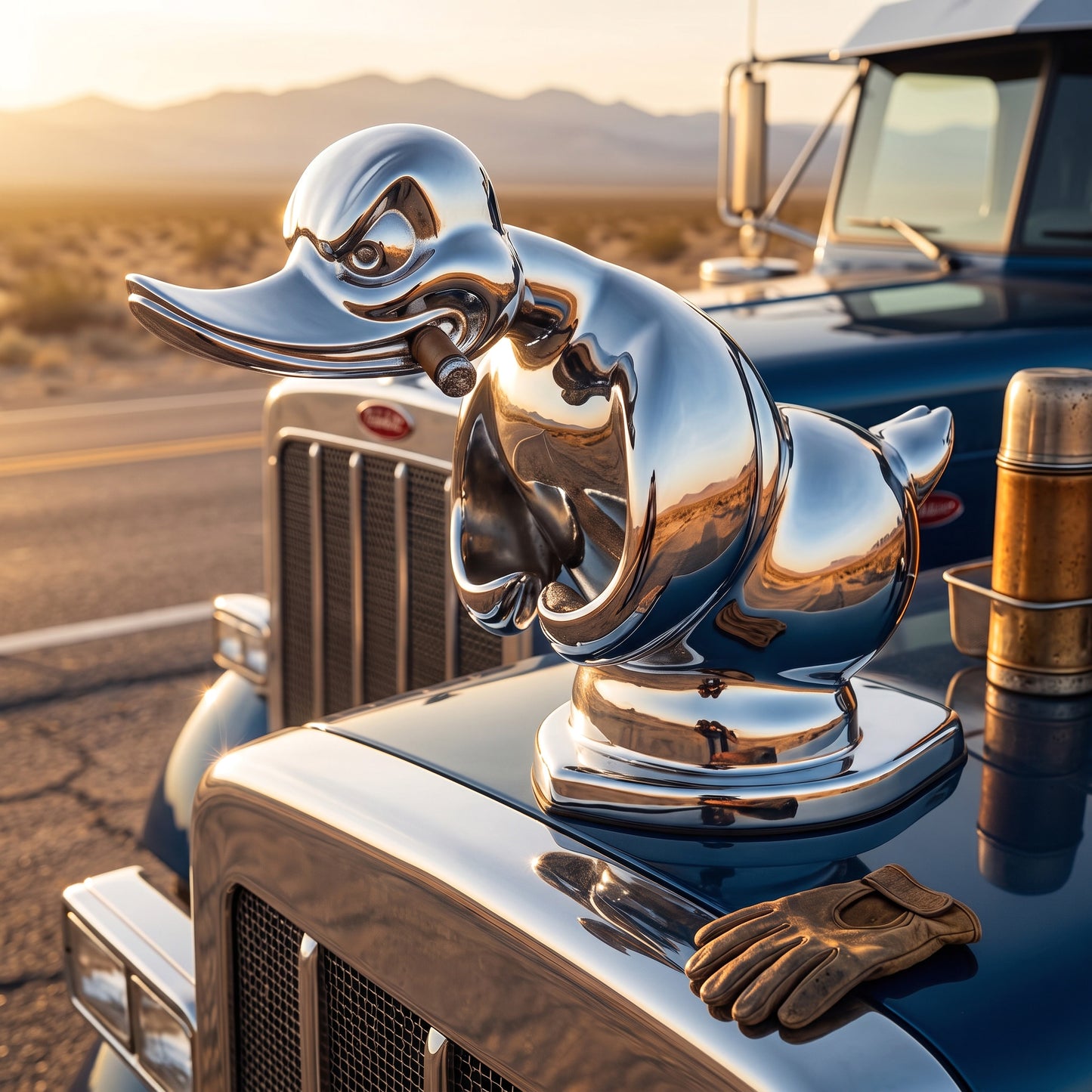 Chrome Duck Radiator Emblem with Integrated Mounting Pins and Silver Black Finish