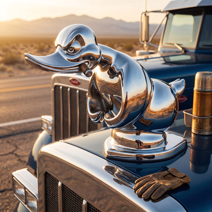 Chrome Duck Radiator Emblem with Integrated Mounting Pins and Silver Black Finish