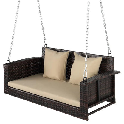 Zen 2-Person Rattan Hanging Porch Swing Chair with Cushions and Chains