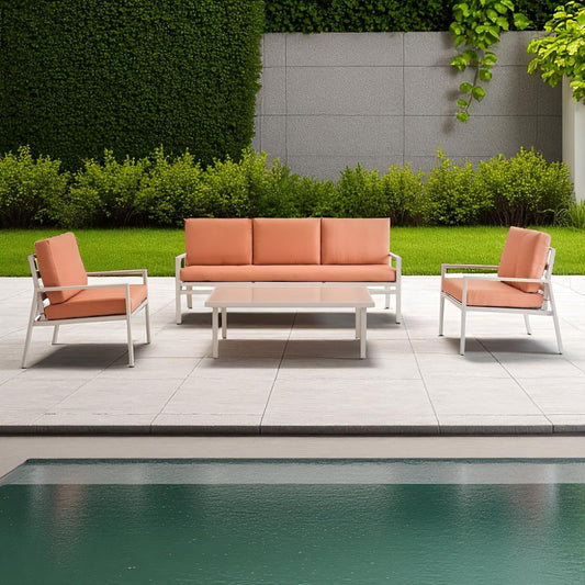 Orvyn 4 Piece Outdoor Sofa Set, Orange Cushions, Frosted Glass Table