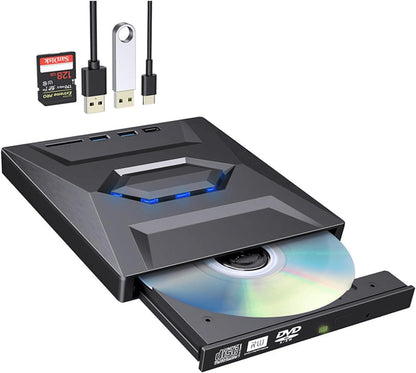 External CD/DVD Drive with SD Card and USB Hub for Laptop and PC