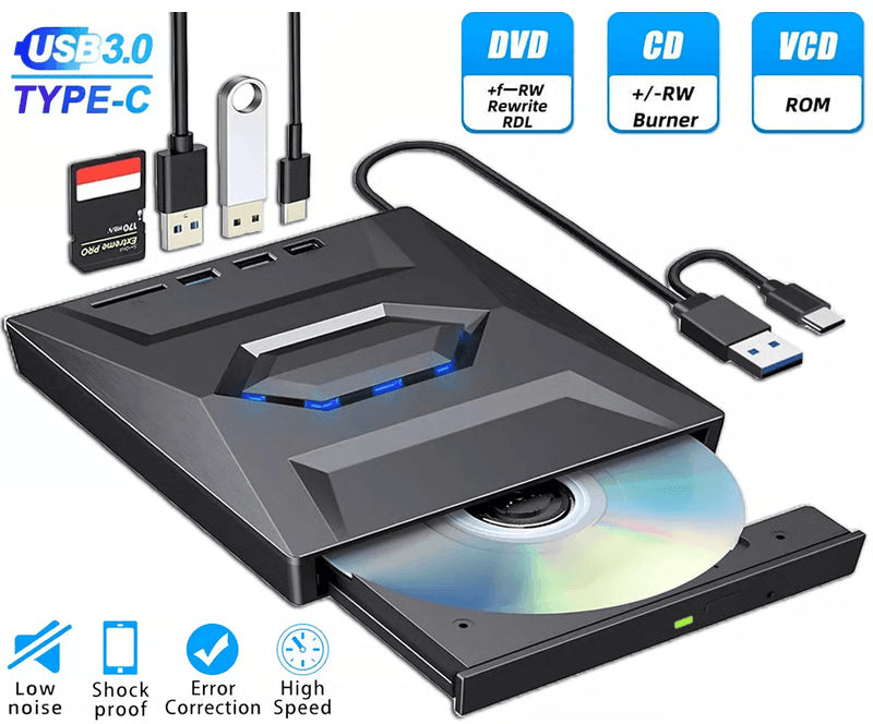 External CD/DVD Drive with SD Card and USB Hub for Laptop and PC