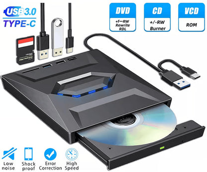 External CD/DVD Drive with SD Card and USB Hub for Laptop and PC