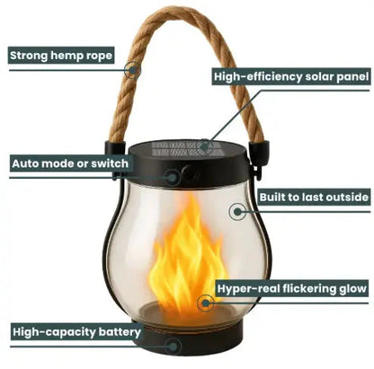 Solar Powered Outdoor Flame Effect Lantern with Flickering LED Light for Garden and Patio Decor