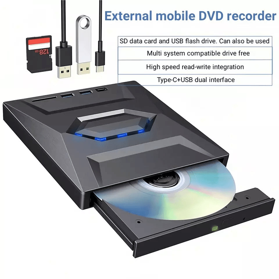 External CD/DVD Drive with SD Card and USB Hub for Laptop and PC
