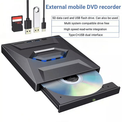 External CD/DVD Drive with SD Card and USB Hub for Laptop and PC