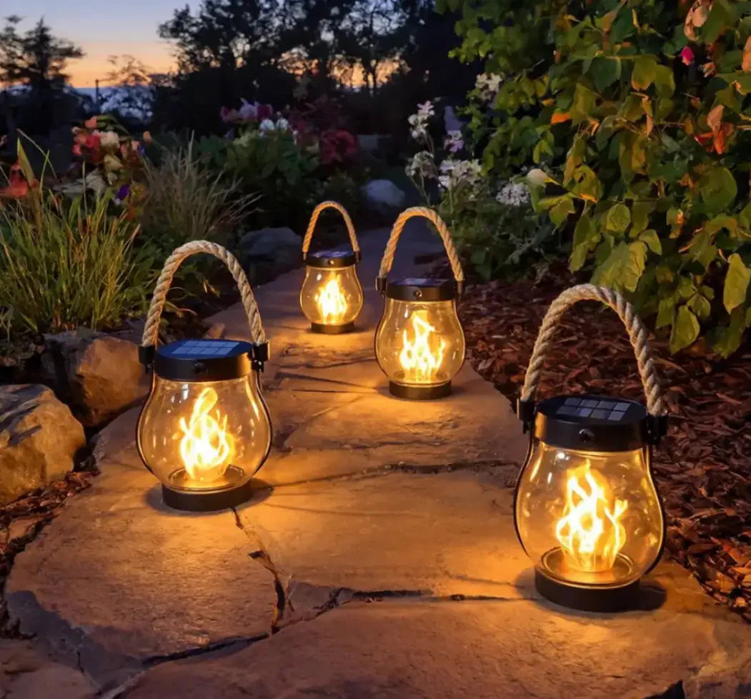 Solar Powered Outdoor Flame Effect Lantern with Flickering LED Light for Garden and Patio Decor