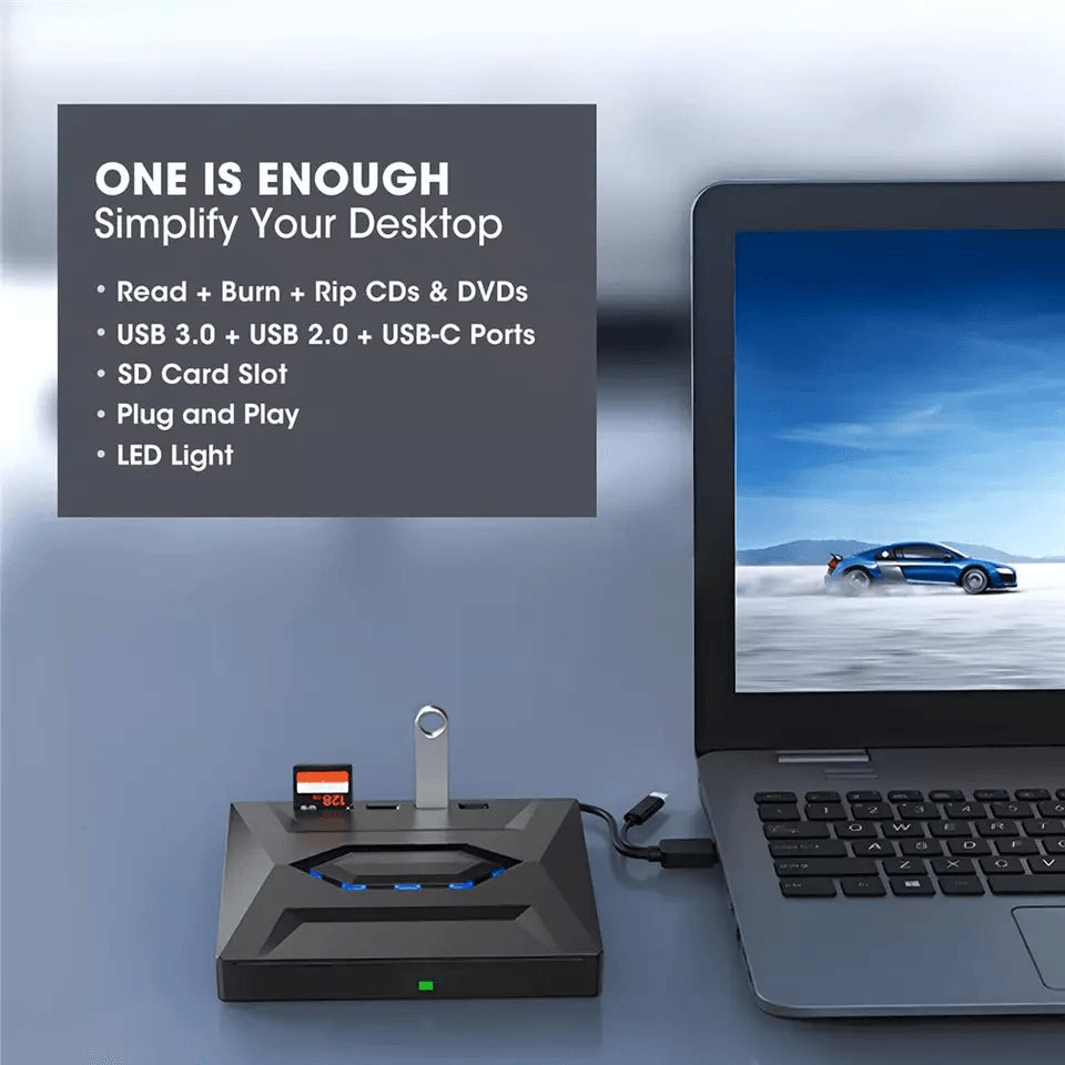 External CD/DVD Drive with SD Card and USB Hub for Laptop and PC