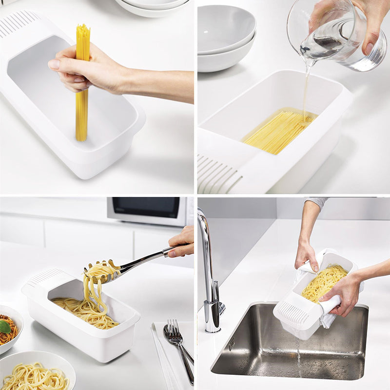 All-in-One Microwave Pasta Cooker with Built-In Strainer for Vegetables and Spaghetti