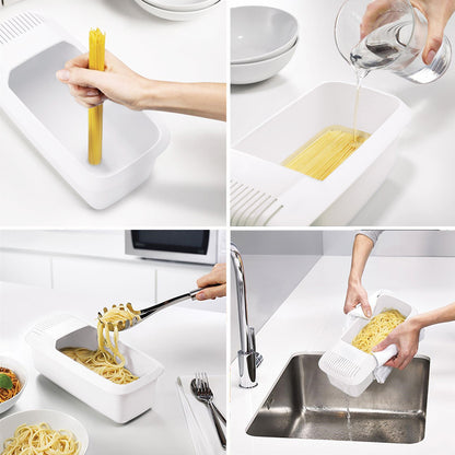 All-in-One Microwave Pasta Cooker with Built-In Strainer for Vegetables and Spaghetti