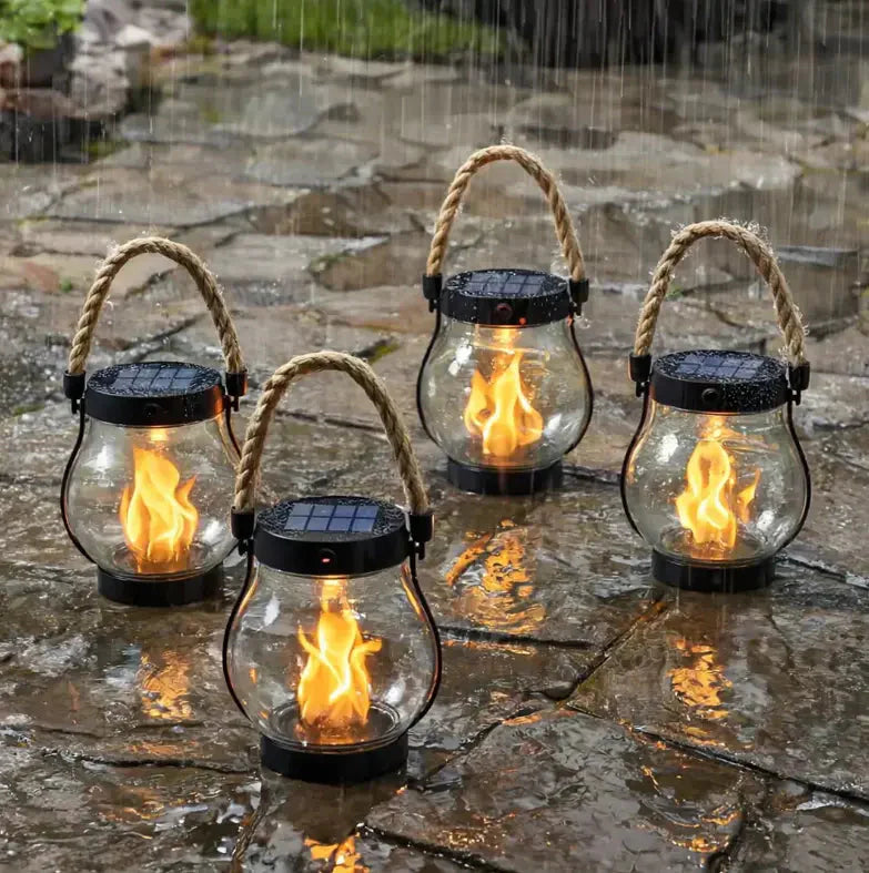 Solar Powered Outdoor Flame Effect Lantern with Flickering LED Light for Garden and Patio Decor