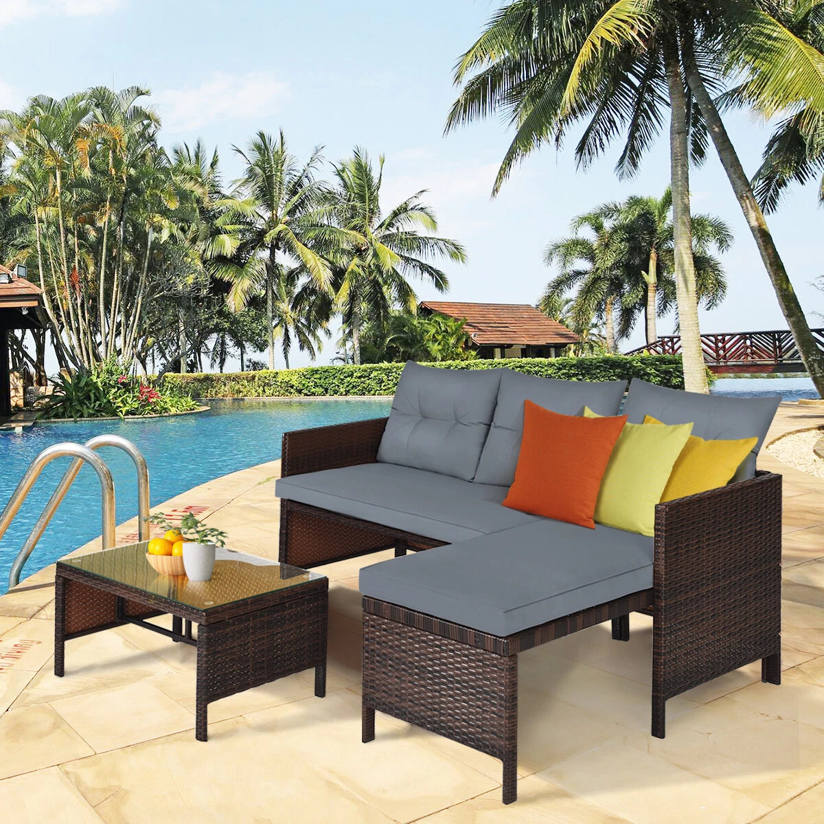 Ravello 3 Piece Wicker Sofa Set, Tempered Glass Table